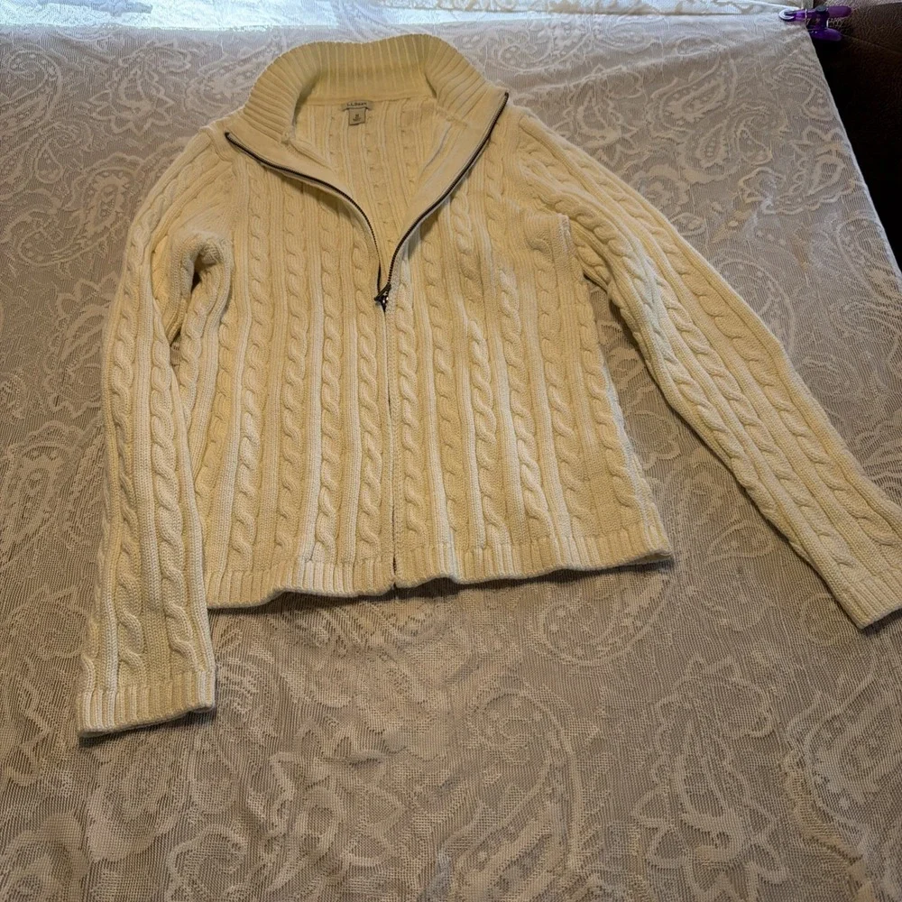 L.L. Bean Women's Cream Full Zip Up Cable Knit 100% Cotton Sweater Cardigan Med - Picture 1 of 3